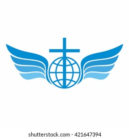 Church logo. Globe, world, Jesus' cross and angel wings.