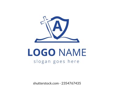 Church logo With A Letter Concept. Christian sign symbols. The cross of Jesus logo for Christian church