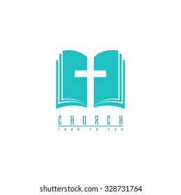 Church logo mockup, cross and abstract bible religion book symbol, design element for faith icon 