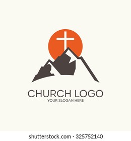 Church Logo. Mountain, Sun, Cross.