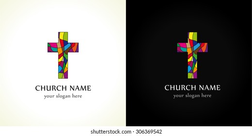 Church logo, old mosaic pattern. Religious vector christian symbol. Creative crucifix in color puzzles parts. Broken glass crucifixion sign, window in pieces. Isolated abstract graphic design template