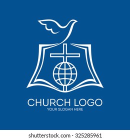 Church logo. Open bible, dove, cross and globe.