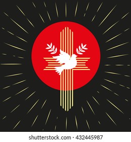 Church logo. Pentecost, Trinity Sunday. Christian holiday concept. Holy spirit. Church sacrament symbol.Biblical cross, holy spirit dove, olive. Religious logo. Vector illustration.