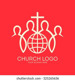 Church logo. People around the globe with a cross. Missions, christian fellowship, cross, members, globe, world, icon