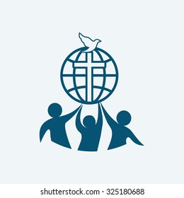 Church logo. People hold the globe and cross, dove