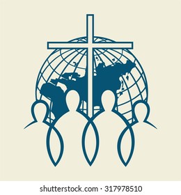 Church logo. People on the background of the cross and the globe.