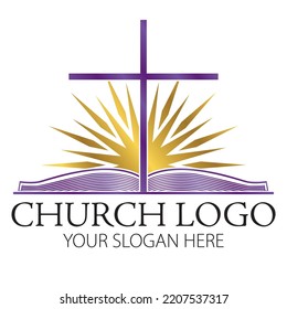 Church Logo In Purple And Gold With Open Bible, A Cross And A Sun Behind. Cross With Golden Sun Rays Behind And An A Flat Open Bible In Purple Gradient Colors