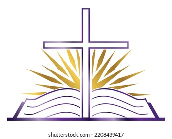 Church Logo In Purple And Gold With Open Bible, A Cross And A Sun Behind. Cross With Golden Sun Rays Behind And An A Flat Open Bible In Purple Gradient Colors. Bible Study Icon