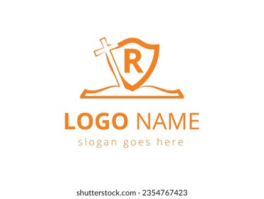 Church logo With R Letter Concept. Christian sign symbols. The cross of Jesus logo for Christian church