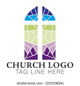 Church logo with stained glass window. Church icon with mosaic tiled window and cross.