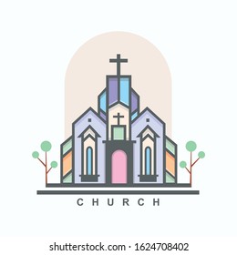 Church logo style line design with tree. church logo minimalist design and flat vector