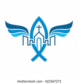 Church logo. The unity of the Church in Christ, city and angel's wings.