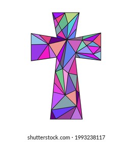 Church logo. Vector bright Mosaic cross on white background. Abstract texture. Polygonal style.