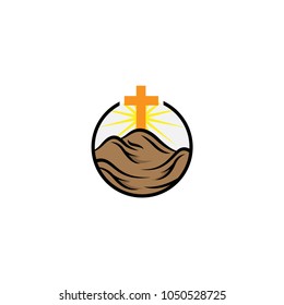 Church logotype in circle. Baptist cross in mountain logo