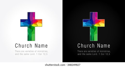 Church logotype, mosaic pattern. Religious vector christian symbol. Template of traditional crucifix in colored puzzles parts. Stained-glass isolated crucifixion, identity, window as pieces and parts.