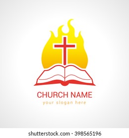 Church logotype. Religious studying, reading, learning educational symbol, traditional isolated crucifixion template Fiery flaming shining burning glowing red sign. Word of god online internet channel