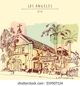 A church in Los Angeles, California, USA. Vintage hand drawn postcard or poster in vector