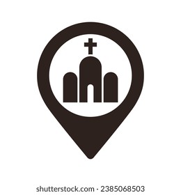 Church map pin. Landmark location pin. GPS church location symbol for apps and websites isolated on white background