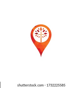 Church Map Pin Shape Concept Logo. Christian Church Cross Praying Tree Logo. Christian Sword Church Cross Logo Design.