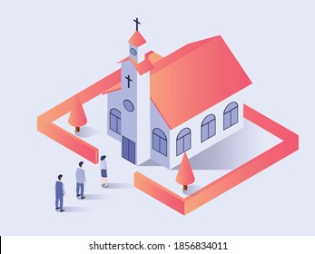 Church Mass In New Normal Vector Concept: People With Social Distancing Queue To Go Inside The Church