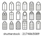 Church medieval windows set. Old gothic style architecture elements. Vector outline illustration on white background.