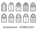 Church medieval windows set. Old gothic style architecture elements. Vector outline illustration on white background.