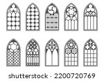 Church medieval windows set. Old gothic style architecture elements. Vector outline illustration on white background.
