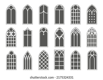 Church medieval windows set. Old gothic style architecture elements. Vector glyph illustration on white background.