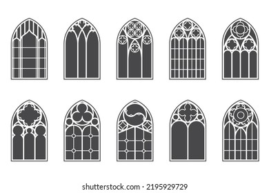 Church medieval windows set. Old gothic style architecture elements. Vector glyph illustration on white background.