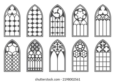 Church medieval windows set. Old gothic style architecture elements. Vector outline illustration on white background.