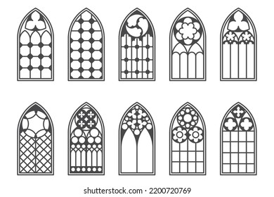 Church medieval windows set. Old gothic style architecture elements. Vector outline illustration on white background.