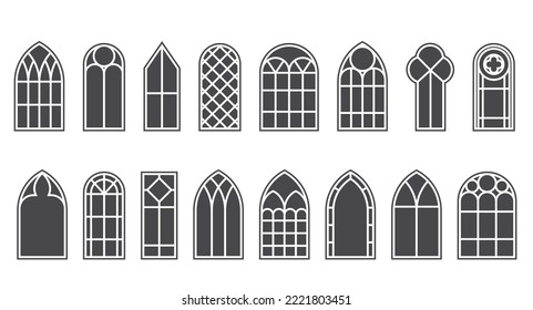 Church medieval windows set. Old gothic style architecture elements. Vector glyph illustration on white background