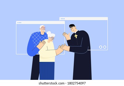 Church minister meets their elderly congregation members online. Elderly man and woman receive their blessing from the hands of their pastor. Isolated flat characters in messenger app window frames. 