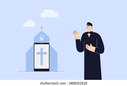 Church Minister Welcomes The Congregation Into A Mobile App For Their Online Church. Vector Flat Cartoon Illustration For A Social Media, Banner, Add.