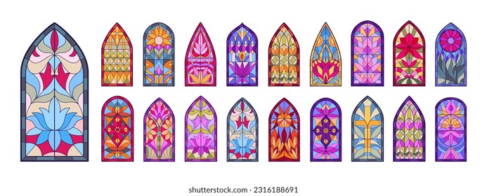 Church mosaic windows set. Arch stained glass, decorative glass windows. Cathedral stained glasses flat vector illustration collection