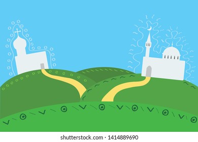 Church and mosque on green hills. Background. Cartoon flat decorative style. Vector.