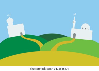 Church and mosque on green hills. Cartoon. Flat style. Empty space for text in top of composition. Tolerance and friendship.Vector. 