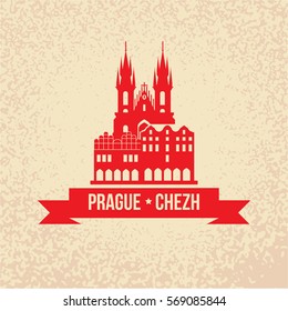 The Church of Mother of God before Tyn, often translated as Church of Our Lady before Tyn. The symbol of Prague, Chezh Republic. Vector silhouette. Icon for travel agency. Retro vintage design