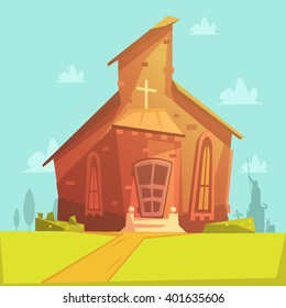 Church old building cartoon background with lawn and trees vector illustration
