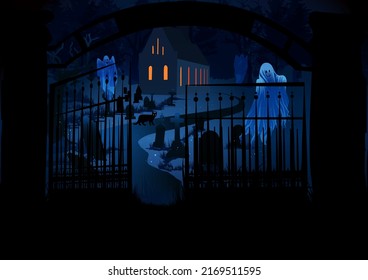 Church with old graveyard, ghosts, black cat and gate. Halloween background. Cemetery vector illustration.