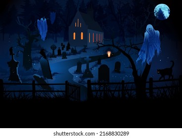 Church with old graveyard, moon ghost, cat and crow. Halloween background. Vector illustration.