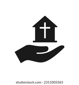 Church on hand icon flat style isolated on white background. Vector illustration
