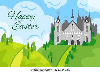 Church on hill. Scenic sky and summer landscape. Easter greeting card. Bible holiday. Cross road. Christ house. Christianity life building. Garish monastery. Vector illustration banner