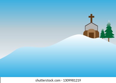The Church on winter with snow background and Christmas tree, Vector.