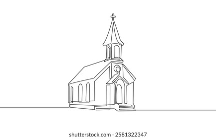 Church One Line Continuous. Church Architecture Building Hand Drawn Vector Art, Continuous One Line Drawing. Outline Drawing of Cathedral for Minimalist Design Isolated on White Background. Not AI