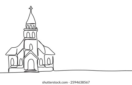 Church one line continuous. Hand drawn vector art.