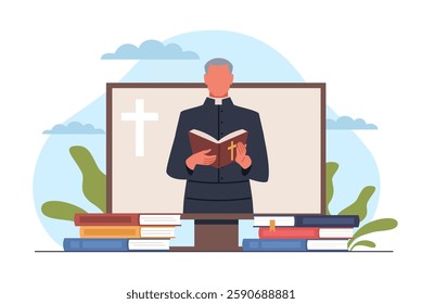 Church online learning. Internet sermon, catholic pastor hold holy book, character on computer screen. Website audience, religion application. Cartoon flat style isolated vector concept