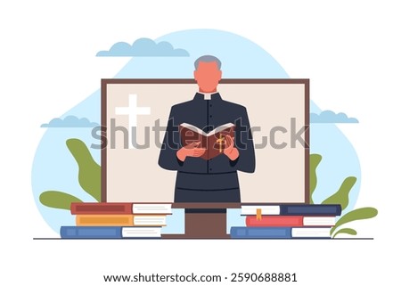 Church online learning. Internet sermon, catholic pastor hold holy book, character on computer screen. Website audience, religion application. Cartoon flat style isolated vector concept
