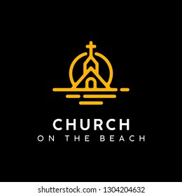 Church ont at the Sunset Beach Logo design with Mono Line Drawing style 