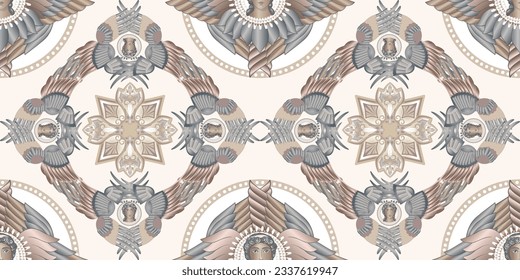 Church Orthodox seamless pattern with the image of Seraphim. Orthodoxy, religion, background. Neutral colors. Vector clipart